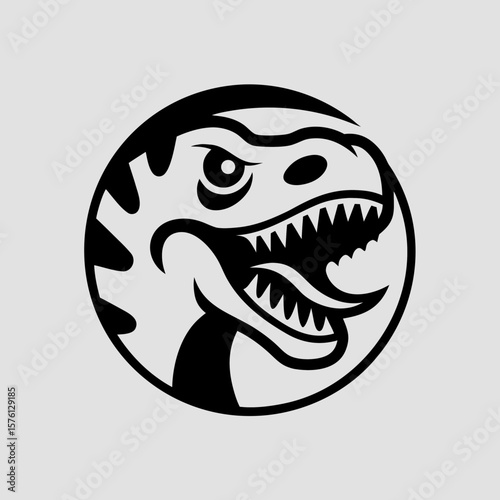 Raptor Dinosaur Head Silhouette with Sharp Teeth inside Circle Frame on Light Background
