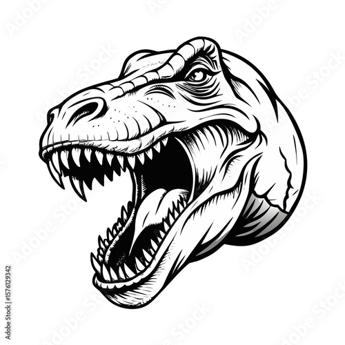Angry T-Rex dinosaur head illustration in tattoo style