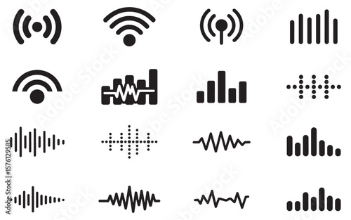 Set of Connectivity and Audio Signal Icons Depicting Wireless, Volume Levels, and Soundwaves for Technology and Communication