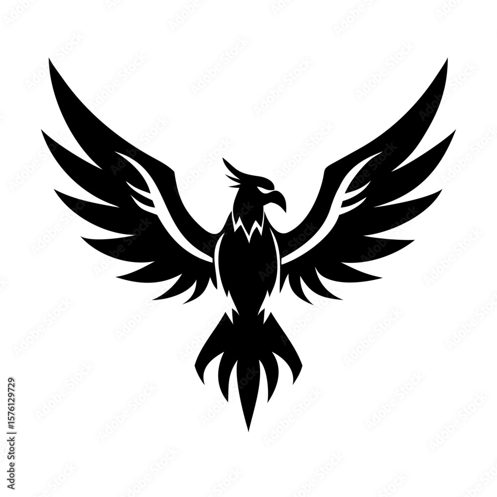 Obraz premium Flying phoenix or eagle silhouette logo with spread wings in tribal style, perfect for tattoo design, branding, mythology themes, power symbol, or fantasy bird illustrations.