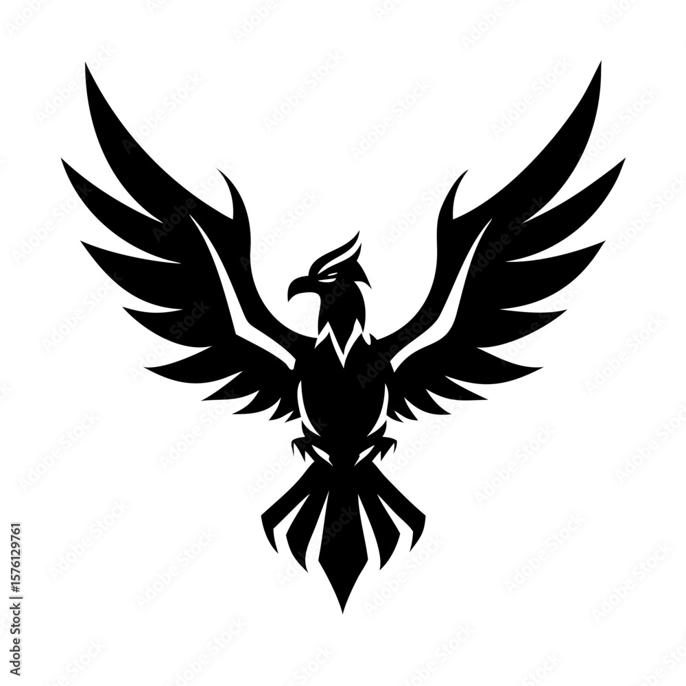Obraz premium Aggressive black eagle with wide open wings in tattoo style illustration, perfect for emblem design, fantasy art, military symbols, sports logos, and bold graphic branding projects.