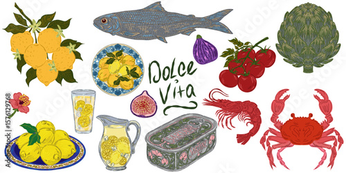 The Dolce Vita collection is a whimsical, detailed collection of colorful elements with textured outlines, inspired by the Mediterranean lifestyle. Sketchy, hand-drawn style. Set