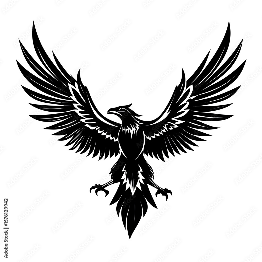 Fototapeta premium Aggressive black eagle with wide open wings in tattoo style illustration, perfect for emblem design, fantasy art, military symbols, sports logos, and bold graphic branding projects.