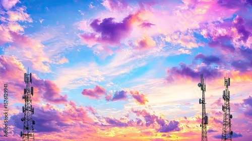 Stunning Sunset Sky with Colorful Clouds and Communication Towers
