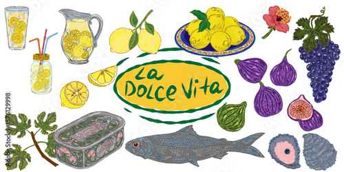 The Dolce Vita collection is a whimsical, detailed collection of colorful elements with textured outlines, inspired by the Mediterranean lifestyle. Sketchy, hand-drawn style. Set