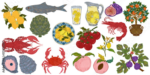 The Dolce Vita collection is a whimsical, detailed collection of colorful elements with textured outlines, inspired by the Mediterranean lifestyle. Sketchy, hand-drawn style. Set