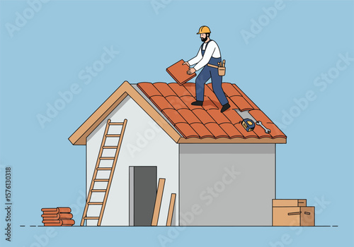 Bearded Roofer Installing Orange Roof Tiles on House.