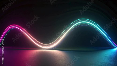 Glowing neon light wave flows sideways over a dark backdrop in smooth, fluid motion. Vibrant colors shift in intensity. Seamless 3D loop, perfect for VJ, motion backgrounds, 4K.


