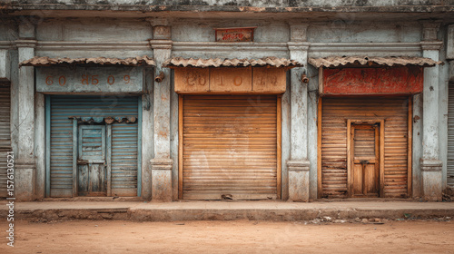 Old closed shop doors on dusty street with weathered walls