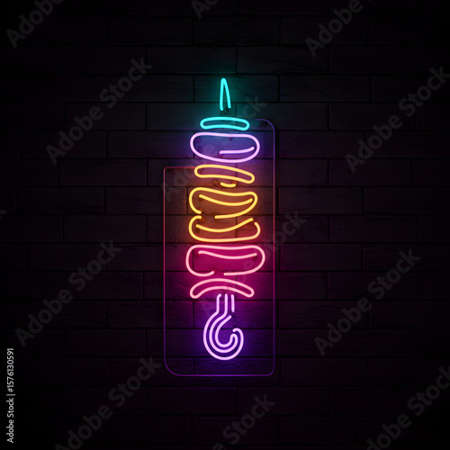 Neon kebab skewer sign glowing against dark brick background  