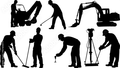 "Detailed black silhouettes of construction workers performing site duties like measuring with tape, mixing cement, welding, and using a power saw. Some operate mini-excavators and forklifts. Composit