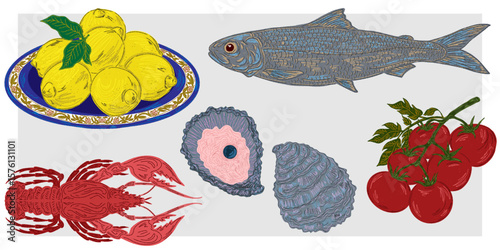 The Dolce Vita collection is a whimsical, detailed collection of colorful elements with textured outlines, inspired by the Mediterranean lifestyle. Sketchy, hand-drawn style. Set