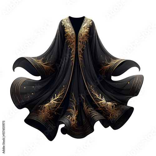 black abaya with gold embroidery, transparent background