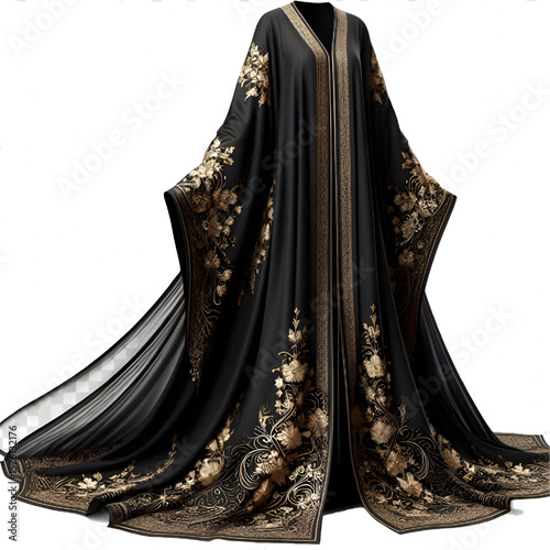 black abaya with gold embroidery, transparent background