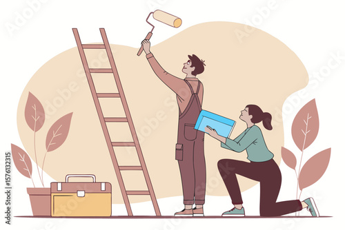  vector illustration of a couple renovating their home.