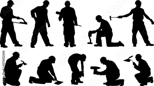 "Twelve silhouettes of diverse construction tradespeople arranged in a symmetrical grid. Each figure shown using a different tool—saws, drills, wrenches, paint rollers. Workers are mid-action, standin