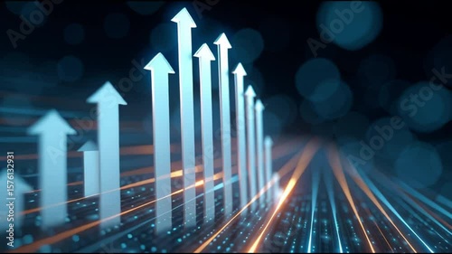 Rising arrow graph digital growth concept with blue glowing chart and upward trend showcasing futuristic data visualization and digital progress in business technology sectors