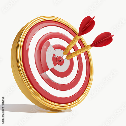 a golden bullseye target with two darts hitting the center placed on a clean white background representing focus accuracy and goal achievement ratio