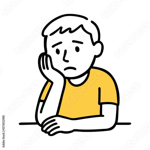 Boy with Hand on Chin. Girl Leaning, Thoughtful Pose, Sadness and Pensive Expression, Deep Thought. Hand-Drawn Line Doodle Style Vector Illustration