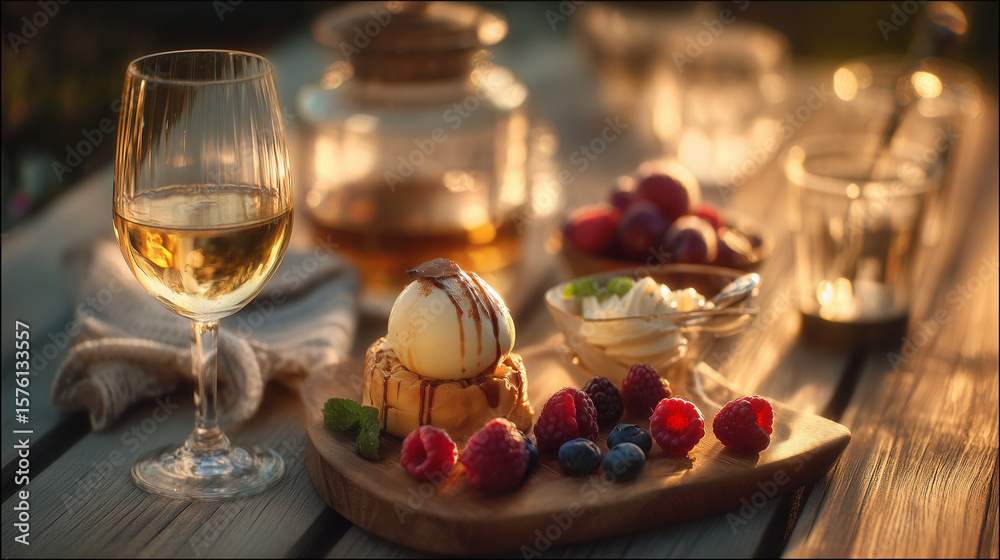 Naklejka premium Dessert and wine in soft evening light