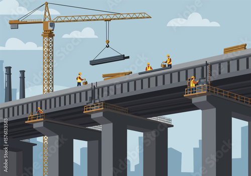 Under-construction concrete bridge with workers crane and steel beams.