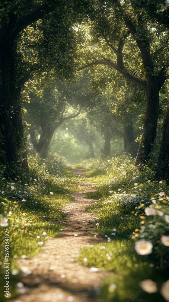 Fototapeta premium Walking Path Through Green Forest with Flowers and Sunlight