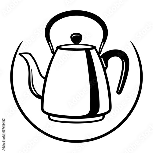 Hand drawn ink illustration of a classic stovetop kettle with a handle and spout, enclosed within a curved frame