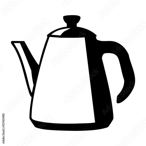 Hand drawn ink illustration of a simple, modern teapot or kettle with a clean design, handle, and spout