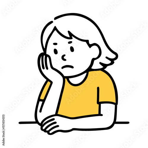 Girl with Hand on Chin. Girl Leaning, Thoughtful Pose, Sadness and Pensive Expression, Deep Thought. Hand-Drawn Line Doodle Style Vector Illustration