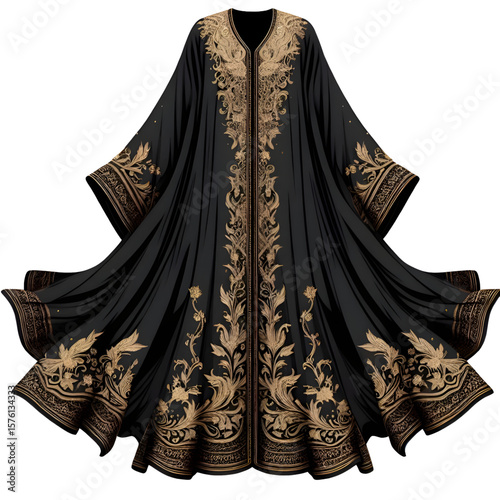 black abaya with gold embroidery, transparent background