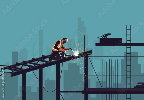 Welder in Safety Gear Working on Construction Site with Sparks.