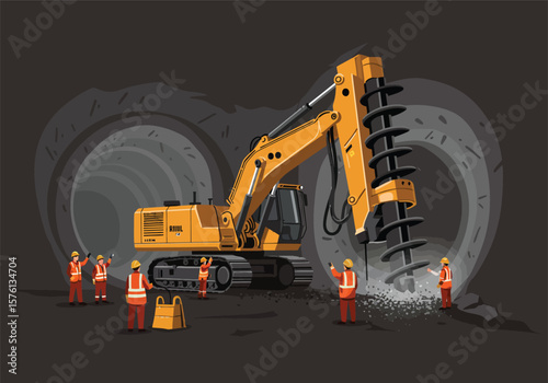 Large Yellow Excavator Drilling into Rock with Workers Supervising Construction.