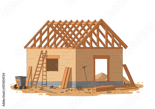 Cartoon House Under Construction with Wooden Roof and Ladder.