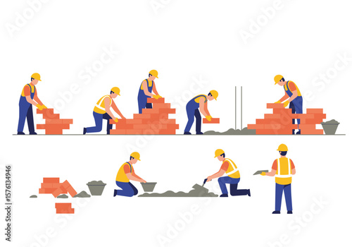 Construction Workers Building a Brick Wall in Various Stages.