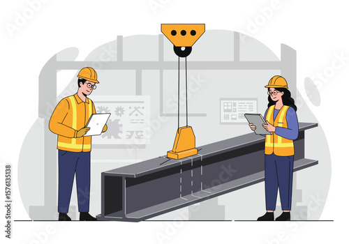 Construction Workers Inspecting Steel Beam with Crane Wearing Hard Hats and Safety Vests.
