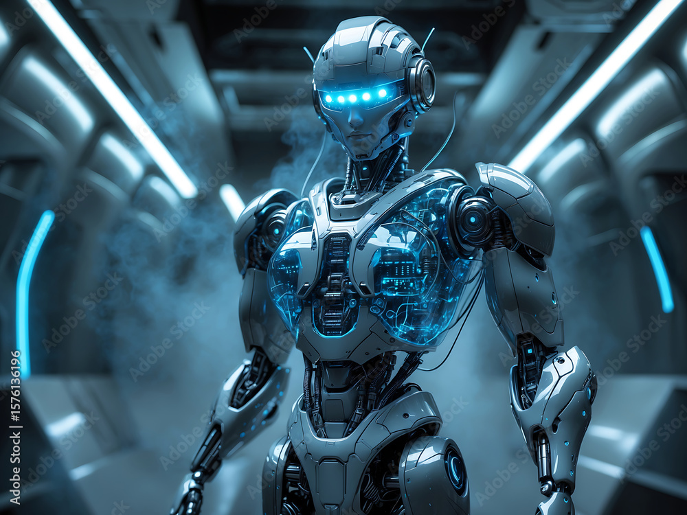Fototapeta premium Futuristic humanoid robot with glowing blue circuits and lights artificial intelligence