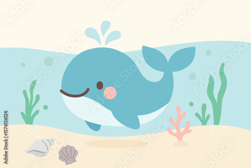 Cute whale Underwater illustration in Flat Cartoon Style
