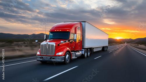 Bright orange truck driving on highway during sunset