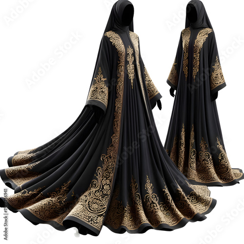 black abaya with gold embroidery, transparent background