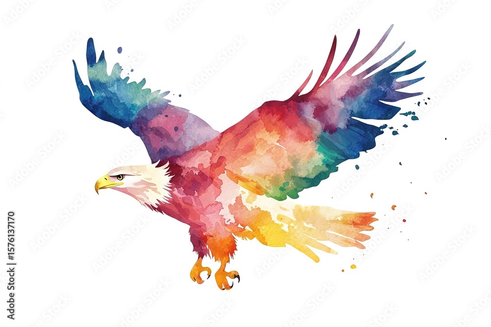 Obraz premium Artistic hand painted watercolor eagle in mid flight, rendered with bold, colorful brushstrokes and playful naive aesthetics, suitable for posters and eco branding