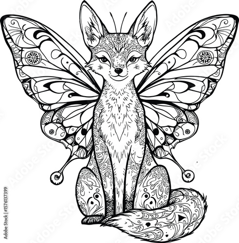 Winged Woodland Spirit  Black and White Illustration of a Fox with Elaborate Butterfly Wings and Ornate Swirls in a Fantasy-Style Design