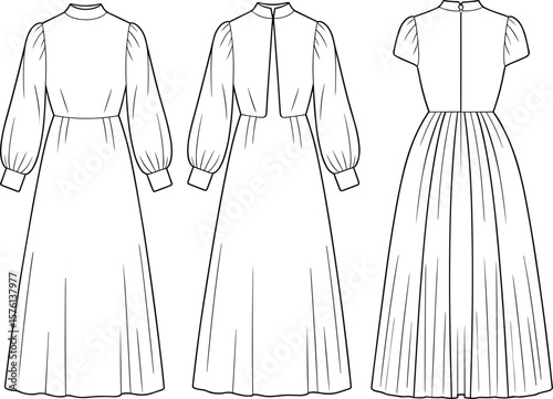 Long sleeve, high neck, maxi dress, pleated, vintage, elegant, gathered waist, technical, fashion, flat, vector, illustration, sketch, template, front, back, design