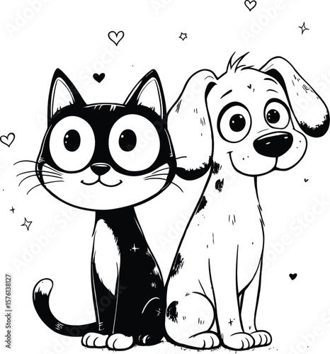 Paws & Hearts Cartoon Cat and Dog Sitting Together with Smiling Faces, Surrounded by Floating Hearts and Stars in a Monochrome Pet Scene