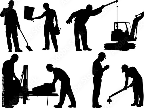 "A grid of black silhouettes showing construction workers from the waist up, each in a different action pose: hammering, welding, lifting beams, using drills, and managing blueprints. Machinery like c