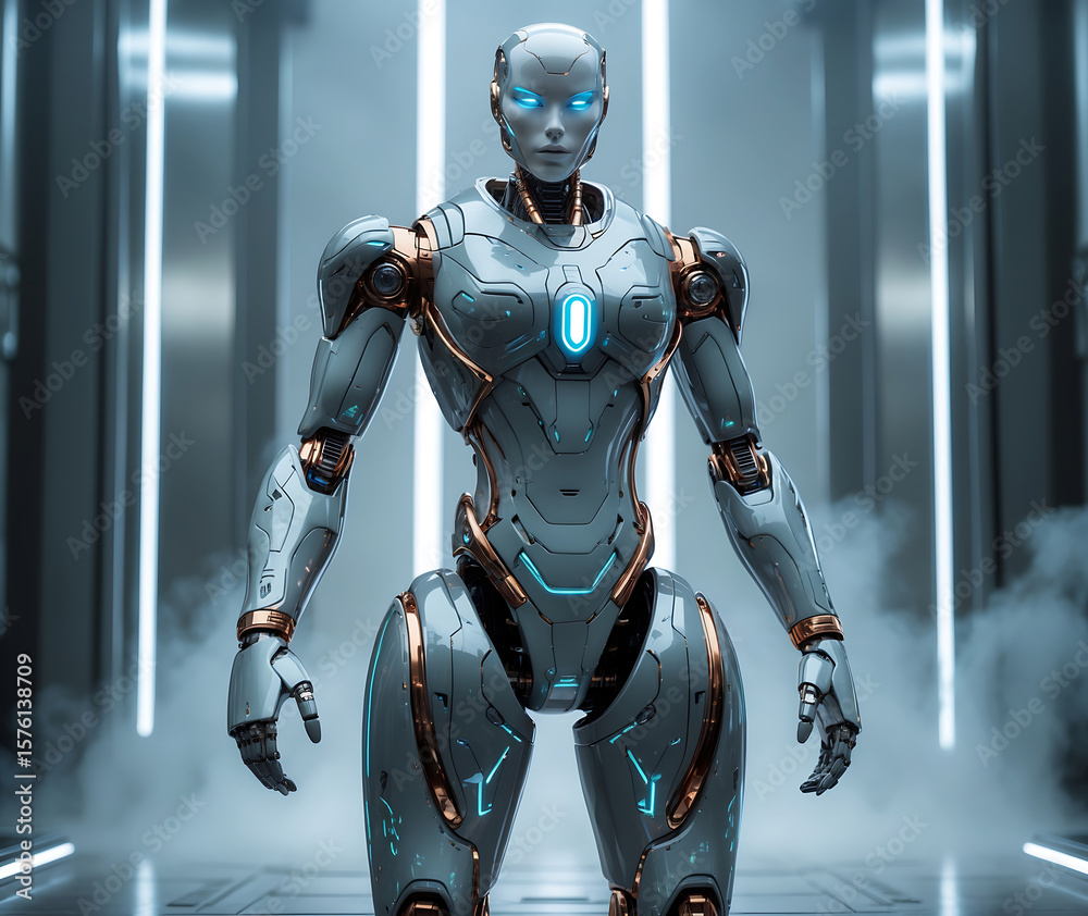 Fototapeta premium Futuristic humanoid robot with glowing blue eyes and metallic accents android artificial intelligence