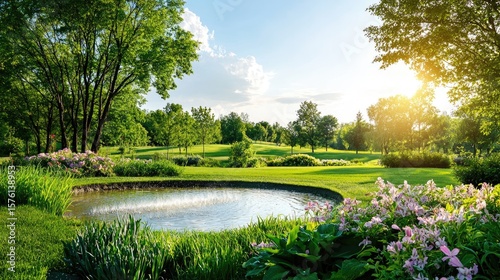 Tranquil Garden Landscape with Lush Greenery and Flowering Plants