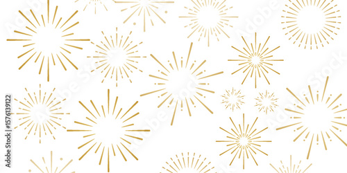 Golden fireworks on white background, Vector clipart of modern simple style confetti fireworks celebration banner for Christmas, new year, holiday, birthday, anniversary, victory, party, carnival.