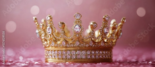 A golden crown with sparkling gems on a pink surface.