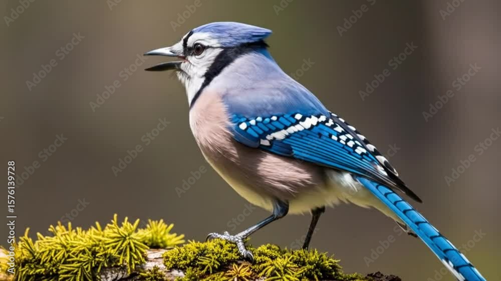 Blue jay bird feeding on mossy log in a lush forest setting, vivid blue and white feathers offering a suitable focal point for woodland wildlife or peaceful nature documentary footage.