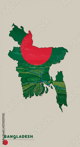 Creative illustration fusing Bangladesh’s red-on-green flag with the country's elongated map shape. Subtle textures of rice fields and river networks reflect its fertile delta landscape.